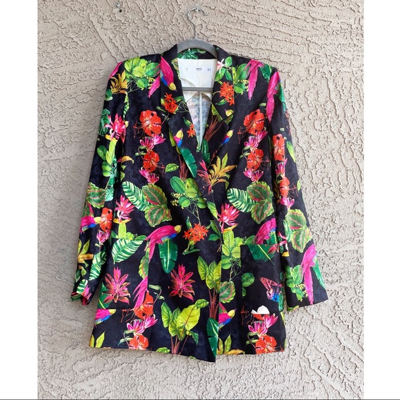 SOLD 💛 MANGO Tropical Parrot Butterfly Floral Oversized Satin Blazer XS - Picture 9 of 15